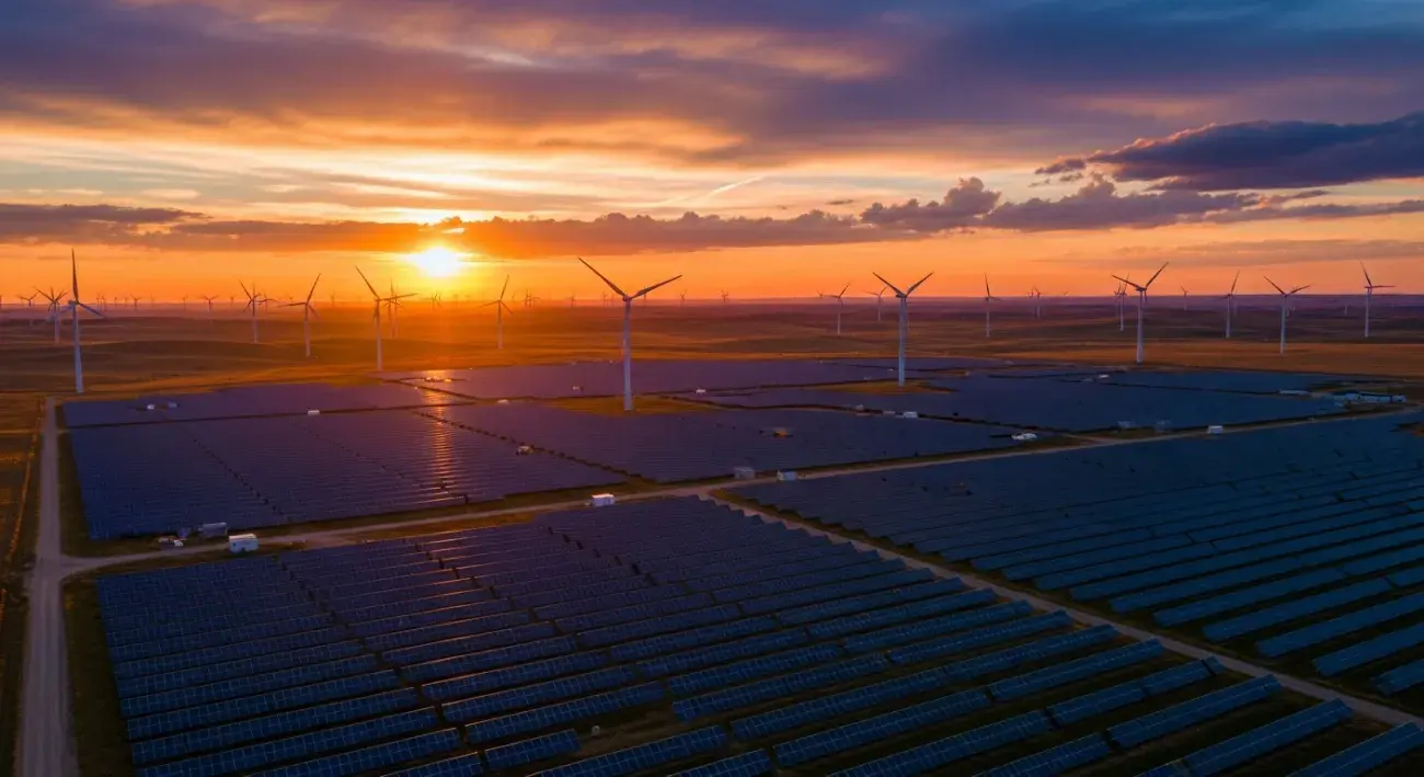 Solární farma a větrné turbíny v USA — historický milník obnovitelné energie