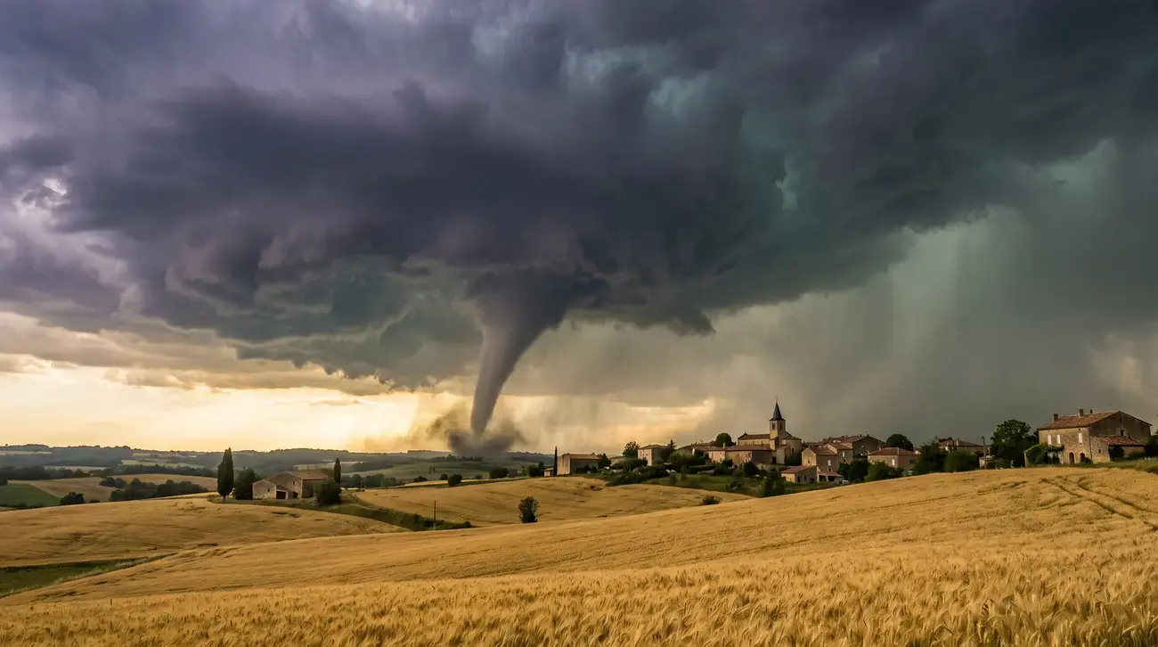 Bouřková fronta s rotačním jevem nad obcí Pomas, jižně od Carcassonne — ilustrační obrázek